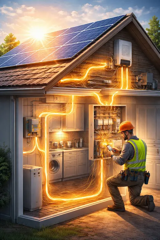 Ilustración conceptual de una casa con paneles solares donde la energía fluye hacia el centro de carga, mostrando la importancia del cableado eléctrico en sistemas fotovoltaicos.